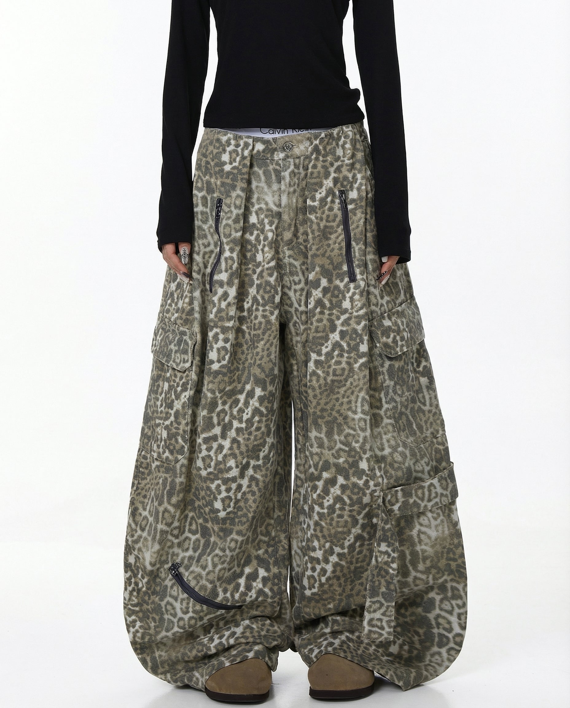 Leopard Denim Wide Leg Cargo Pants - Y2K Streetwear
