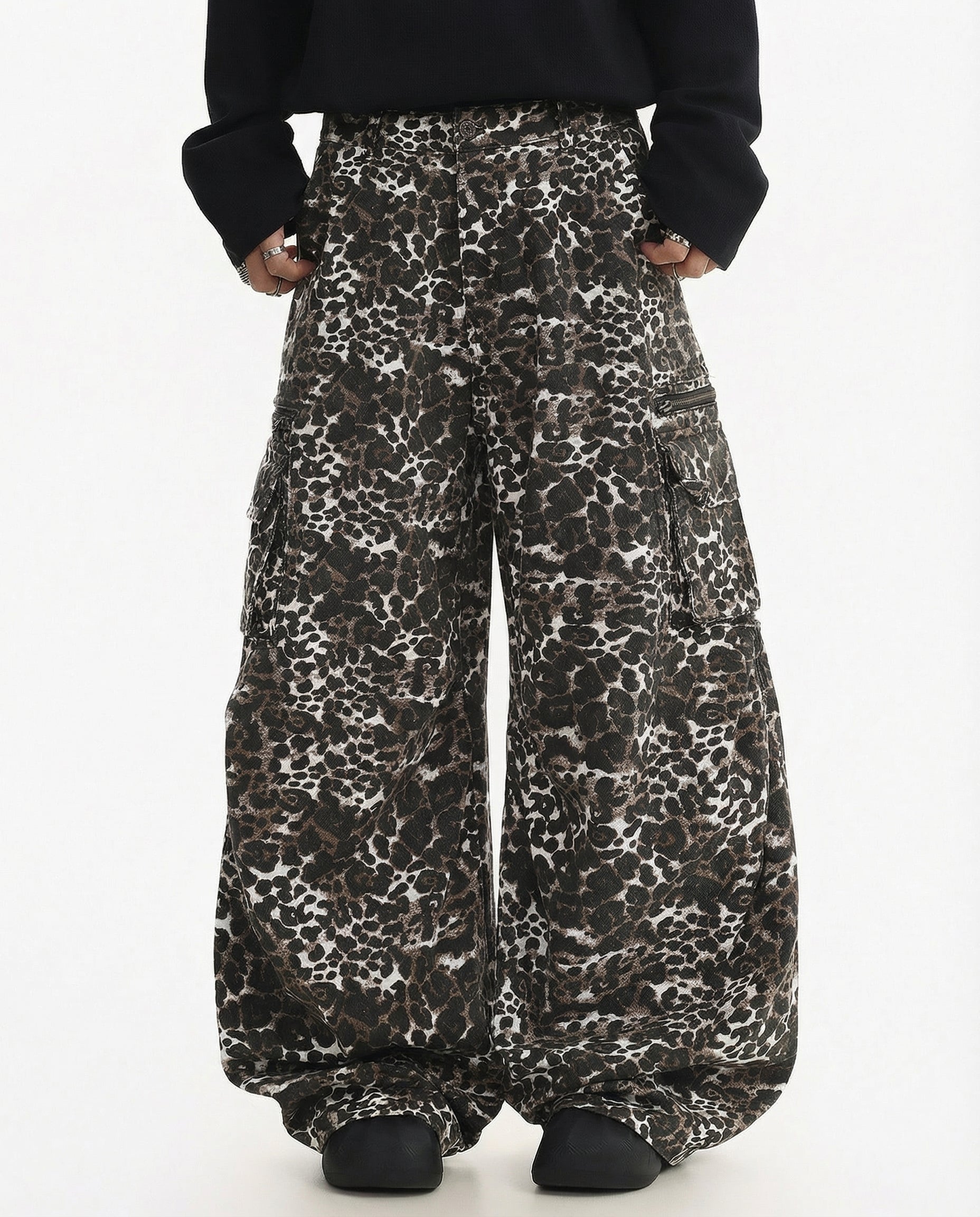 Leopard Print Wide Leg Cargo Pants - Urban Streetwear