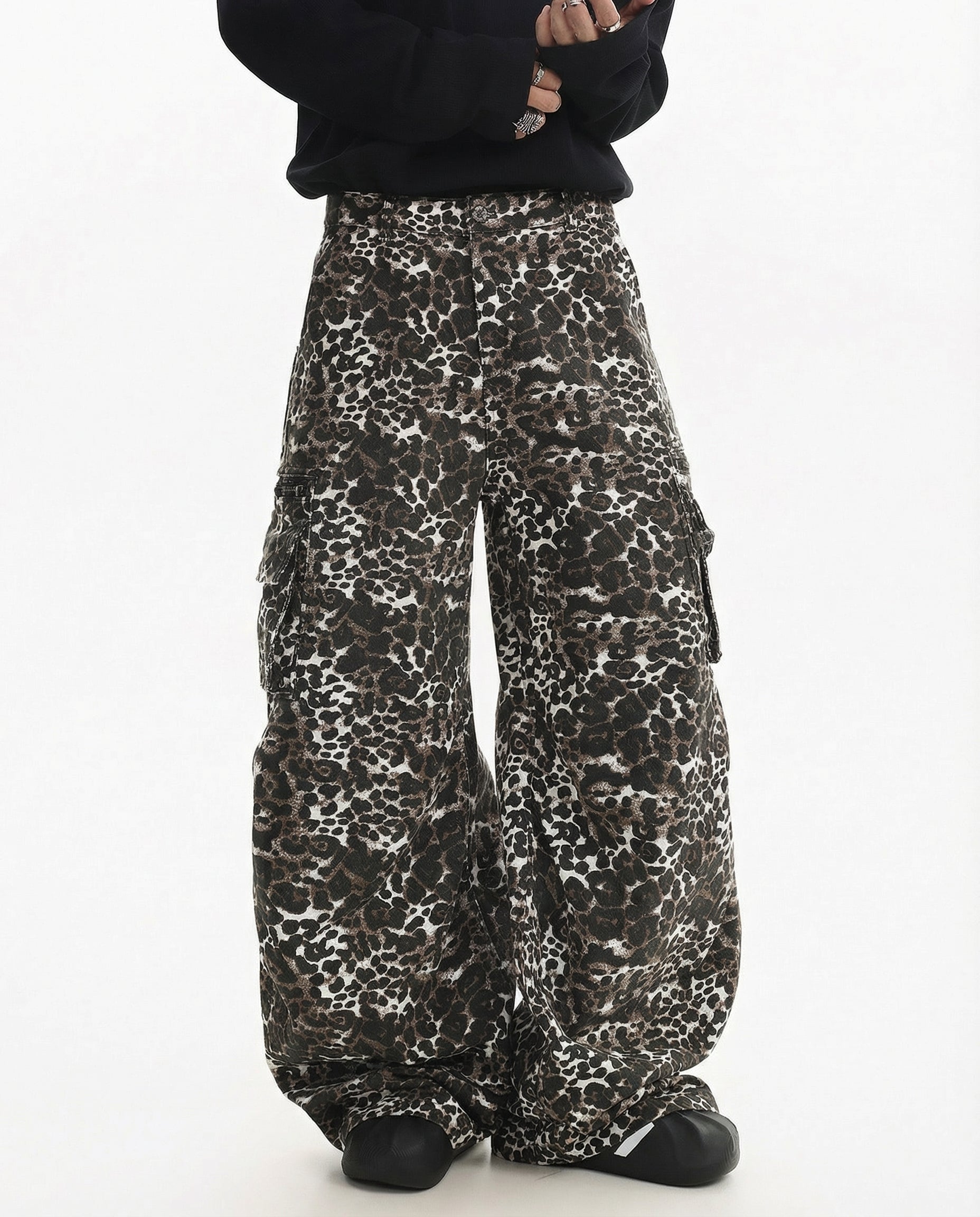 Leopard Print Wide Leg Cargo Pants - Urban Streetwear