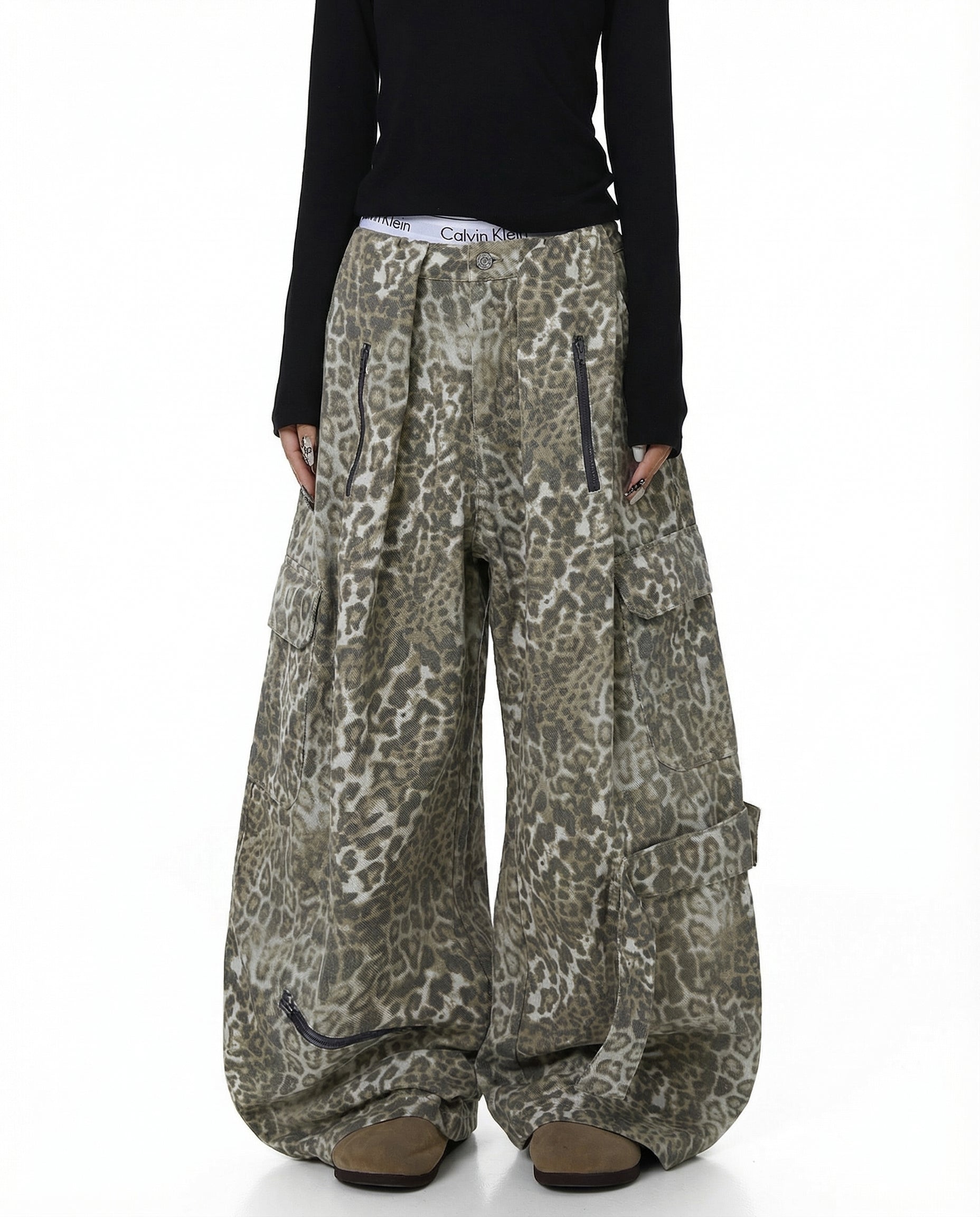 Leopard Denim Wide Leg Cargo Pants - Y2K Streetwear