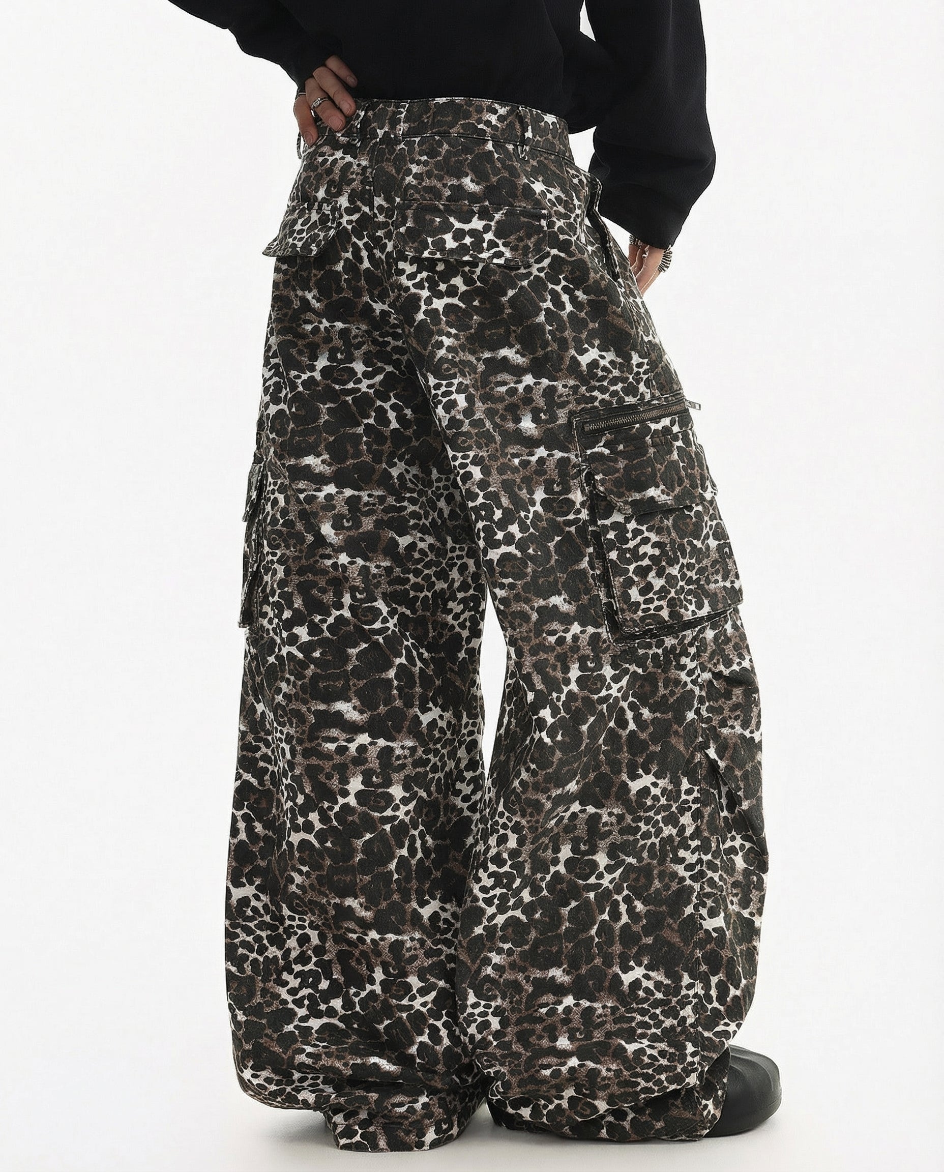 Leopard Print Wide Leg Cargo Pants - Urban Streetwear