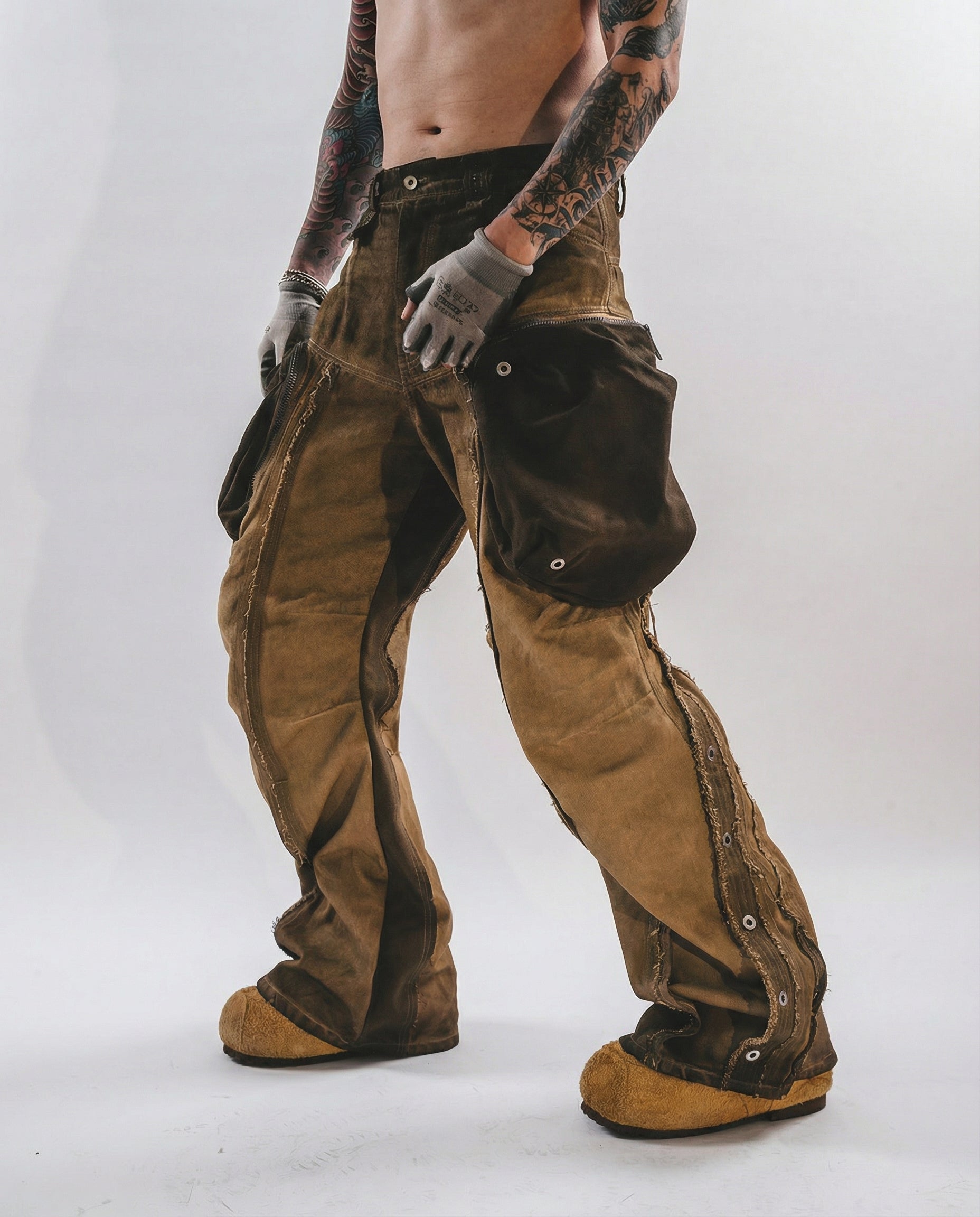 Distressed Cotton Wide Leg Cargo Pants - Grunge Streetwear