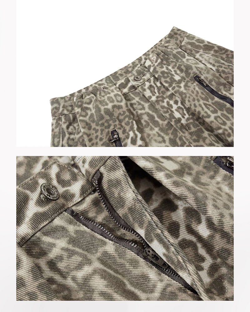 Multi Pockets Zip Leopard Unisex Baggy Cargo Jeans