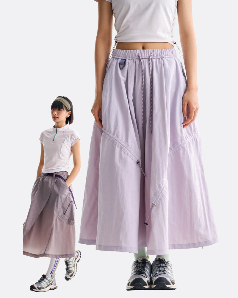 Violet mist technical cargo skirt full-length look with waist-down close-up of drawstring hem