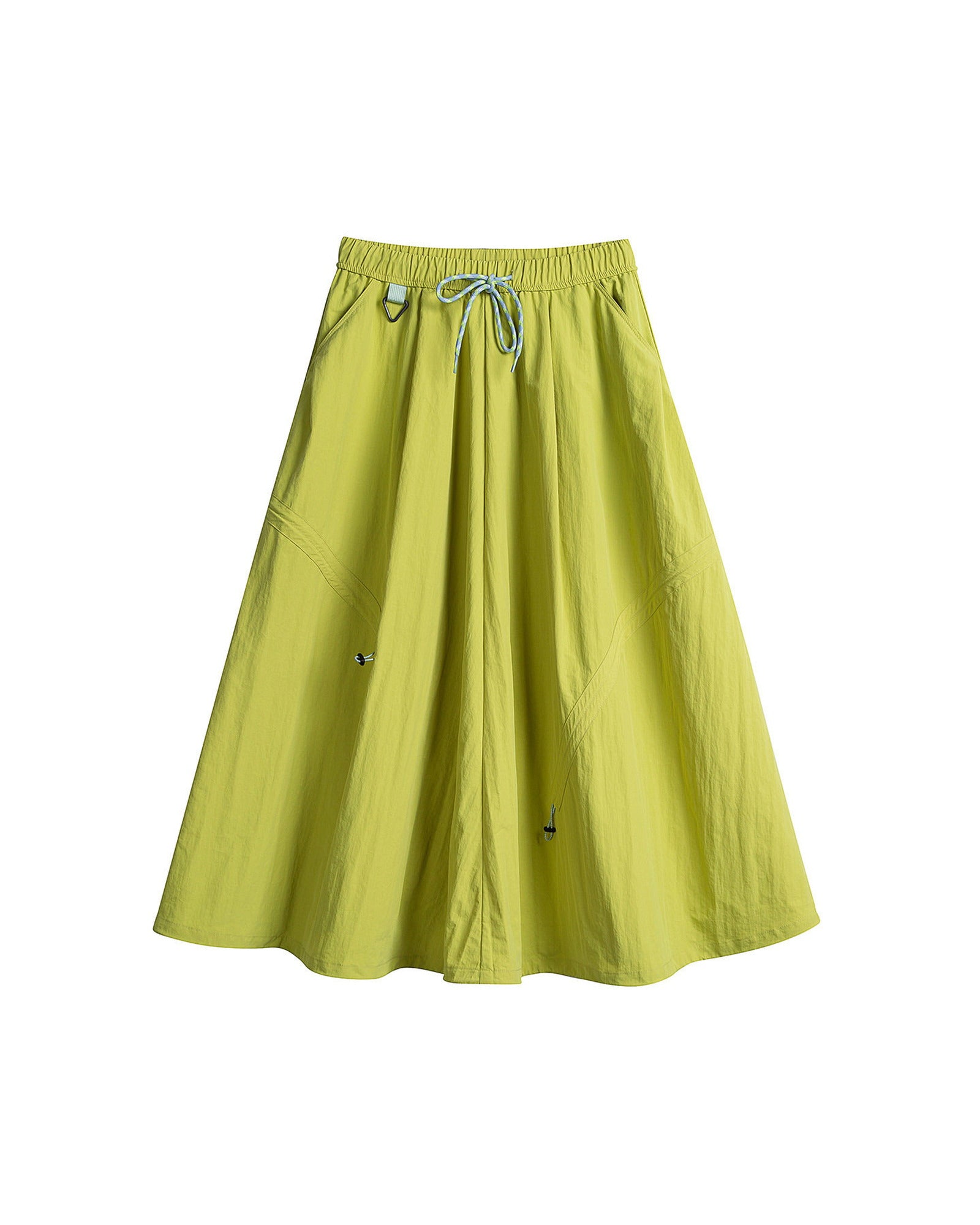 Lime green technical cargo skirt flat lay with drawstring waist and adjustable A-line hem