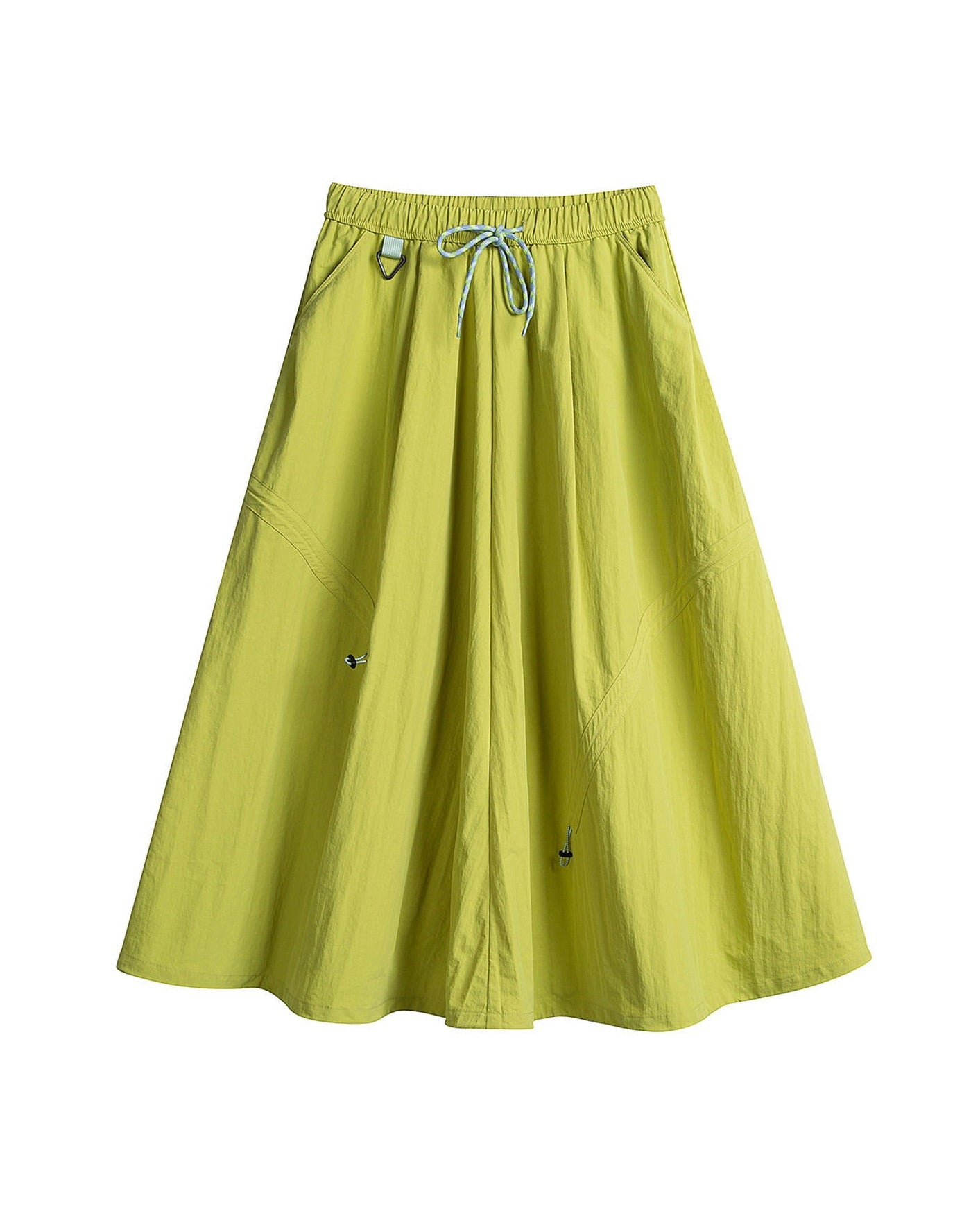 Lime green technical cargo skirt flat lay with drawstring waist and adjustable A-line hem