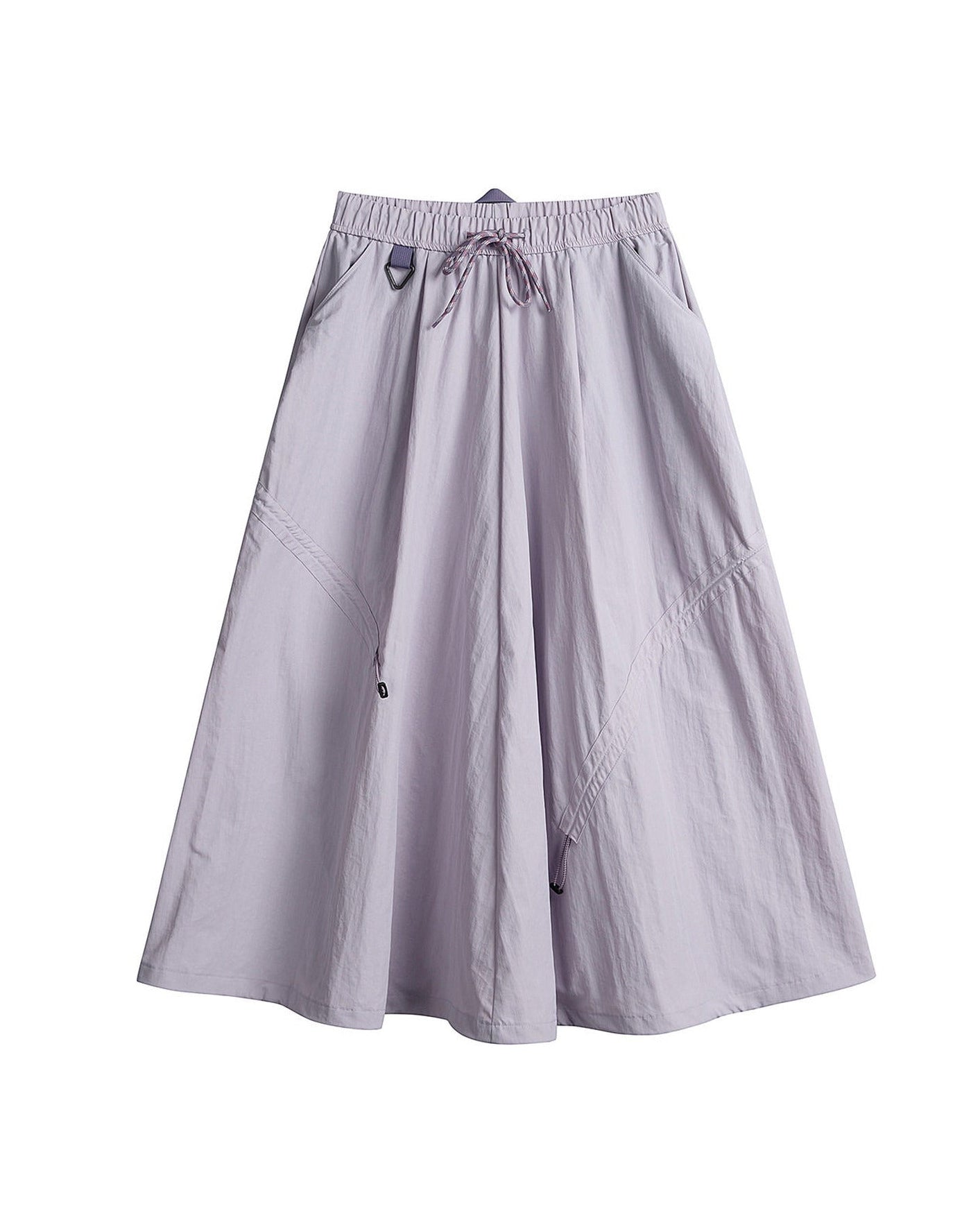 Violet mist technical cargo skirt flat lay with adjustable drawstring hem