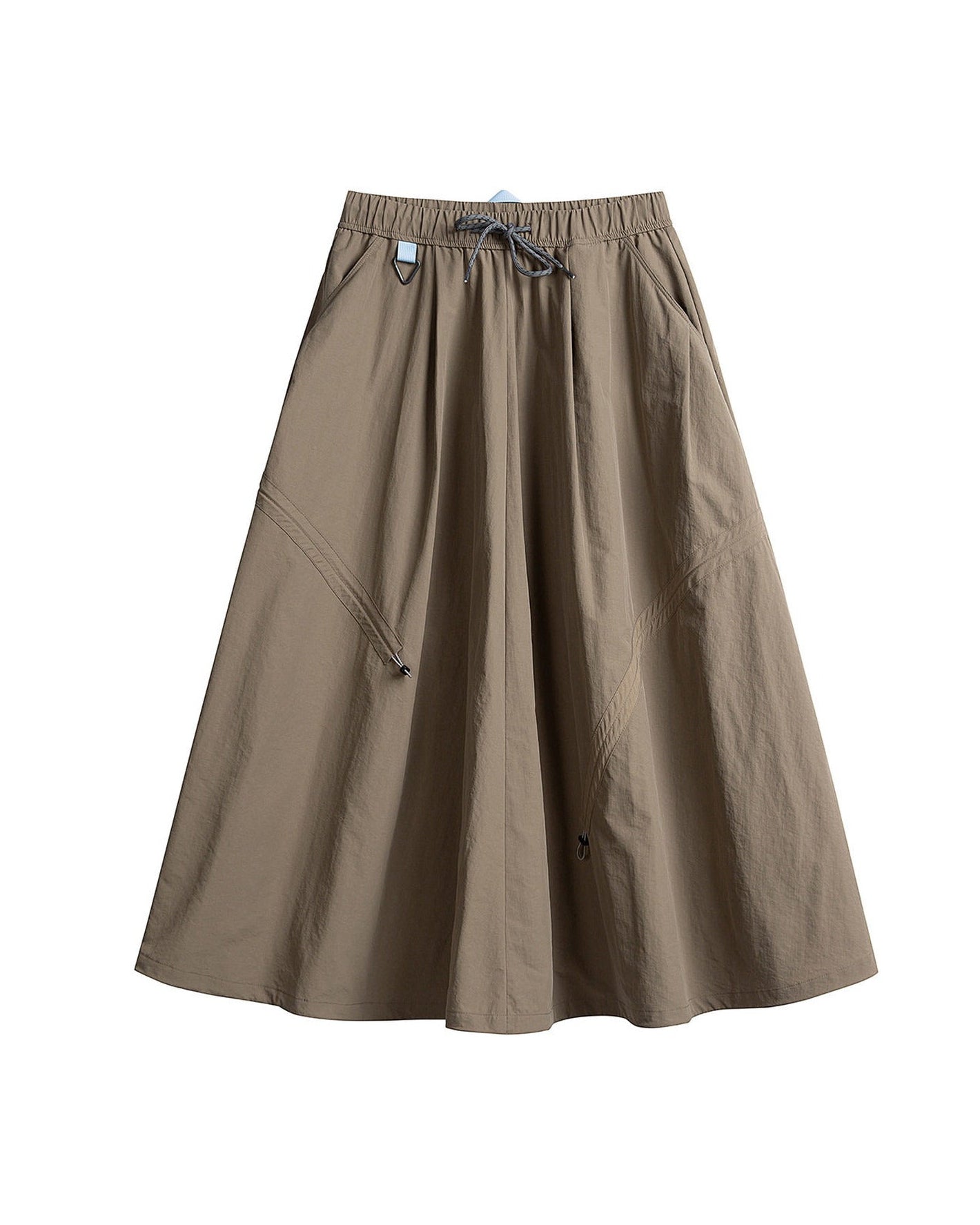 Mocha brown technical cargo skirt flat lay with curved seam and drawstring detail