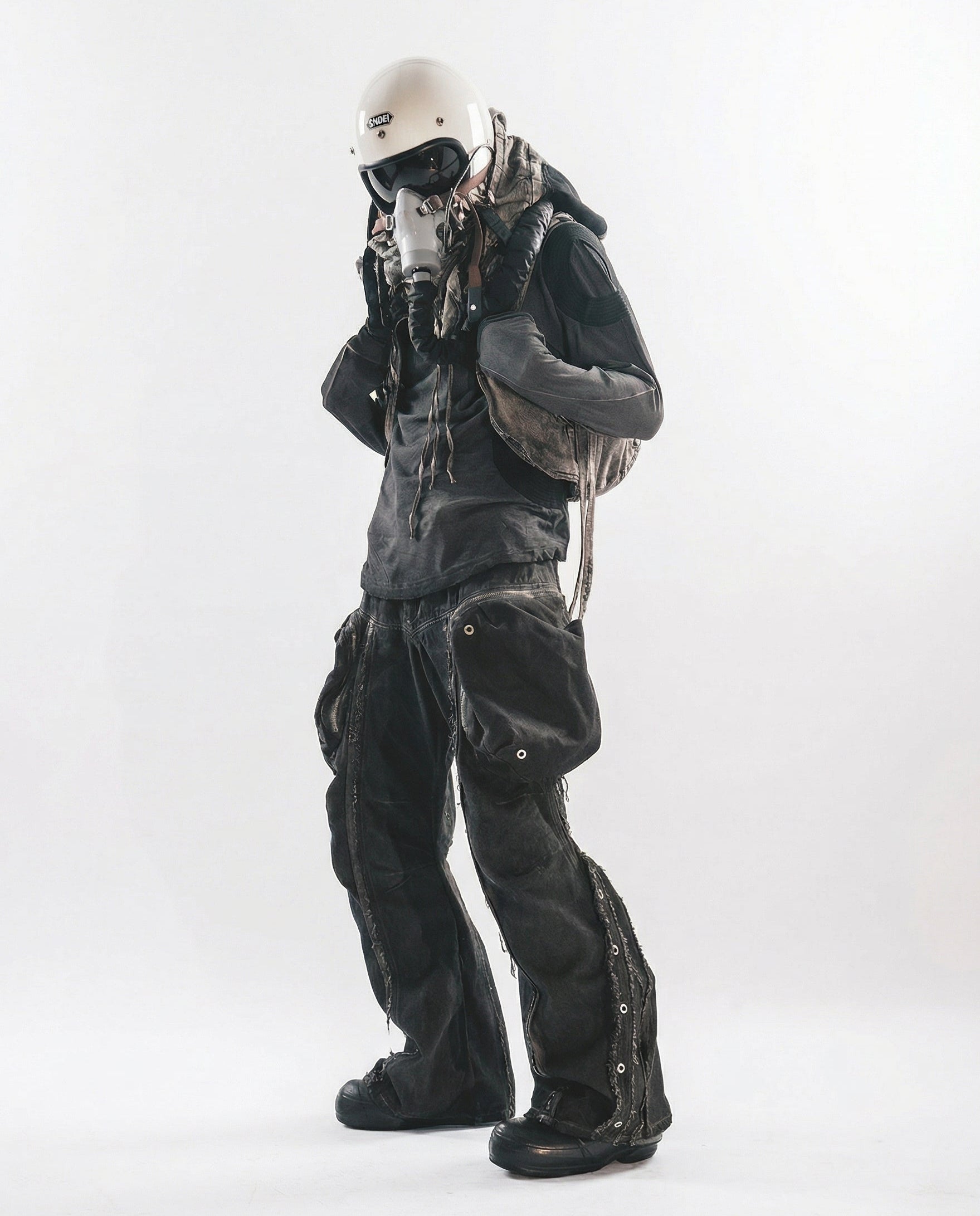 Distressed Cotton Wide Leg Cargo Pants - Grunge Streetwear
