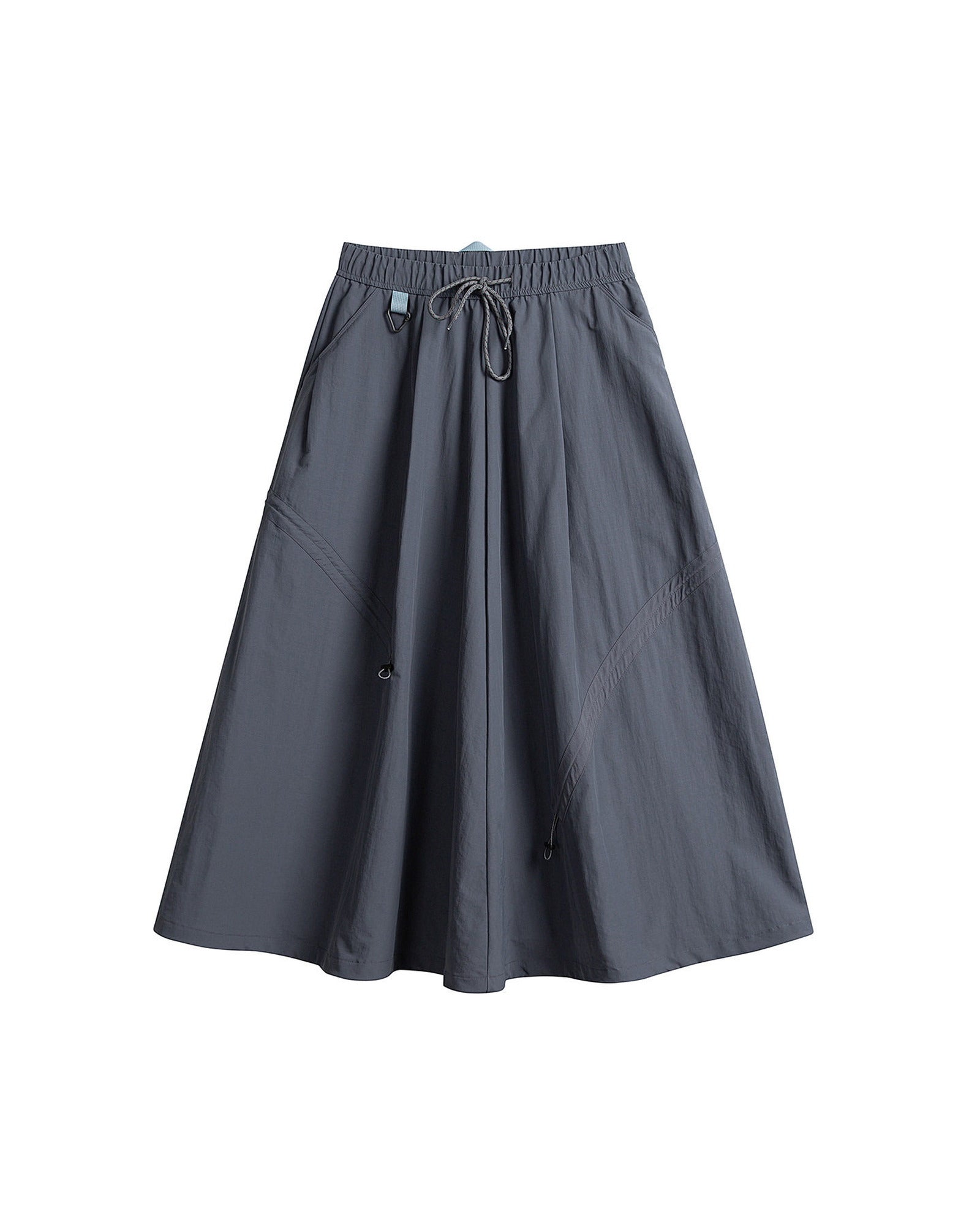 Ink blue technical cargo skirt flat lay with drawstring waist and flared hem