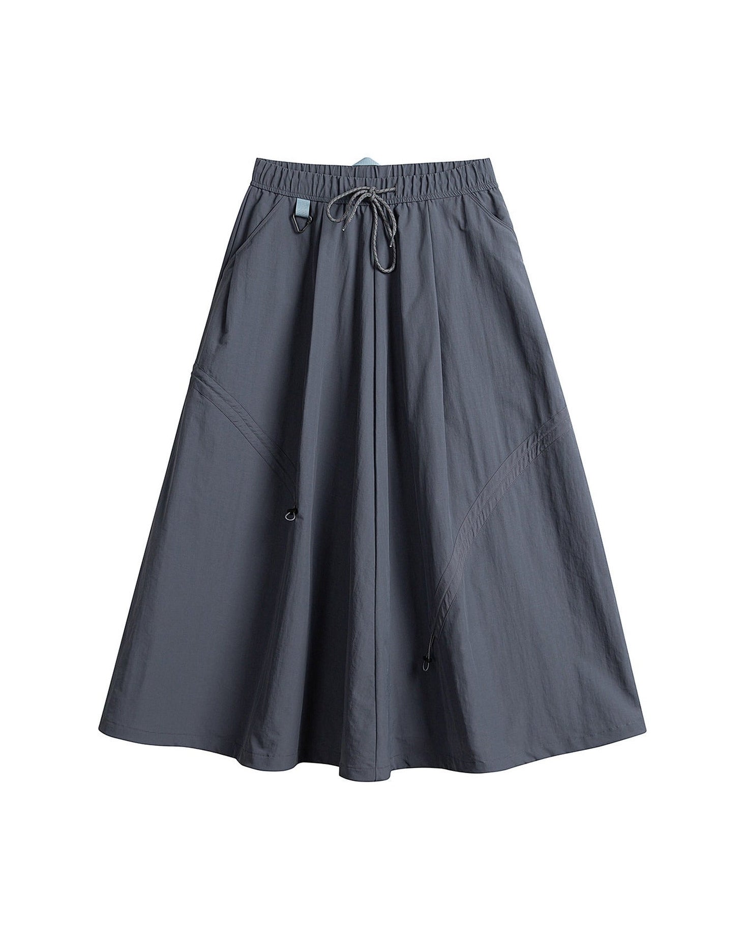 Ink blue technical cargo skirt flat lay with drawstring waist and flared hem