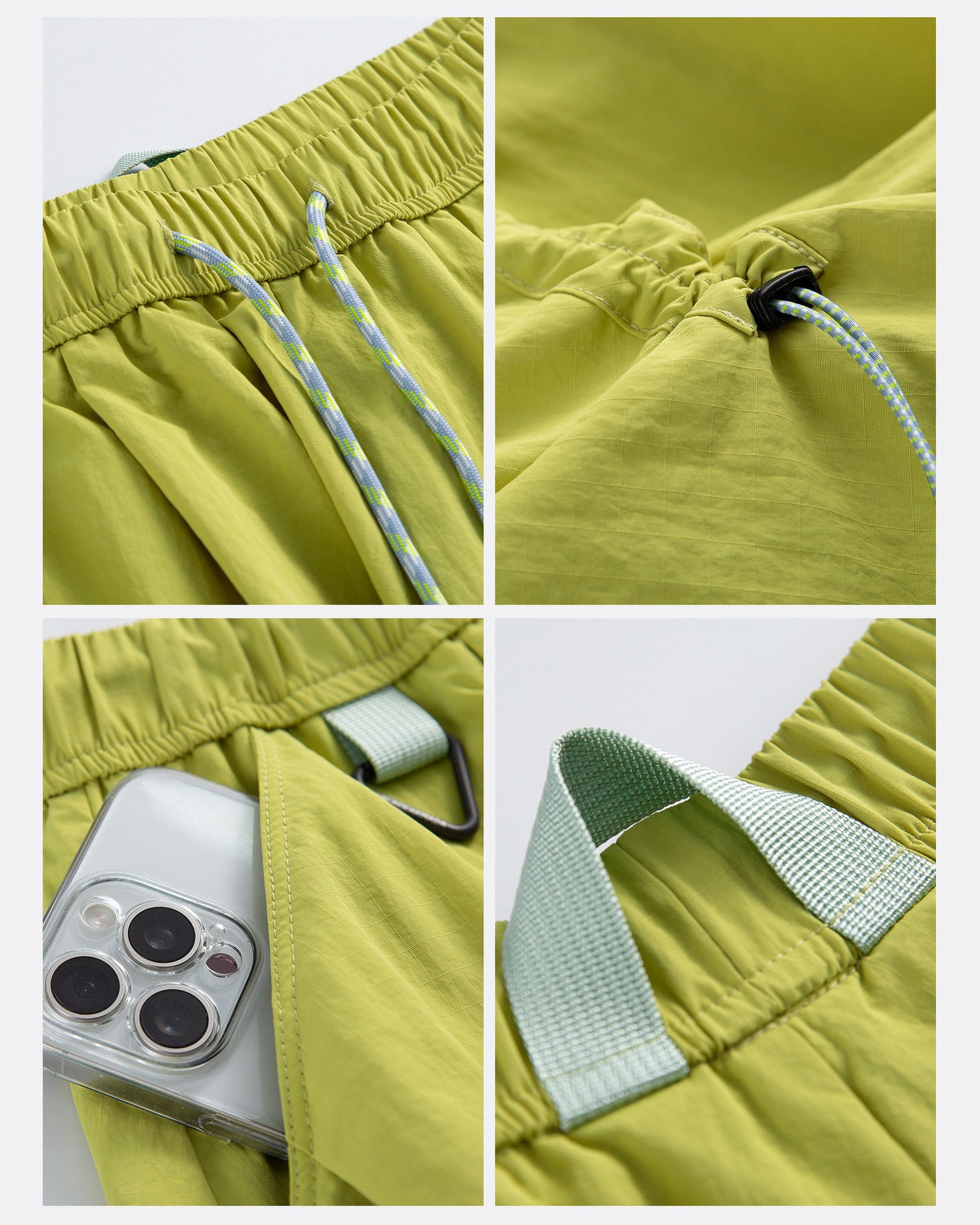 Close-up details of technical cargo skirt: contrast drawstring, ripstop fabric, phone-sized side pocket and webbing tab