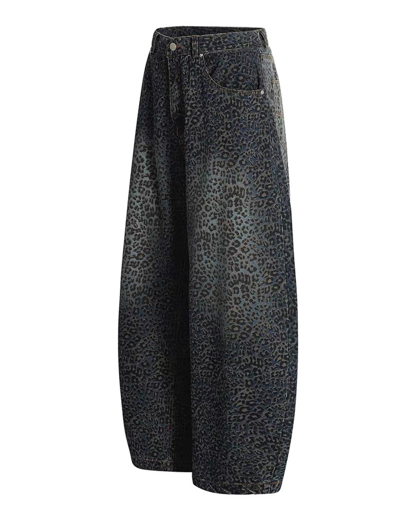 Gradient Leopard Print Wide-Leg Unisex Baggy Jeans