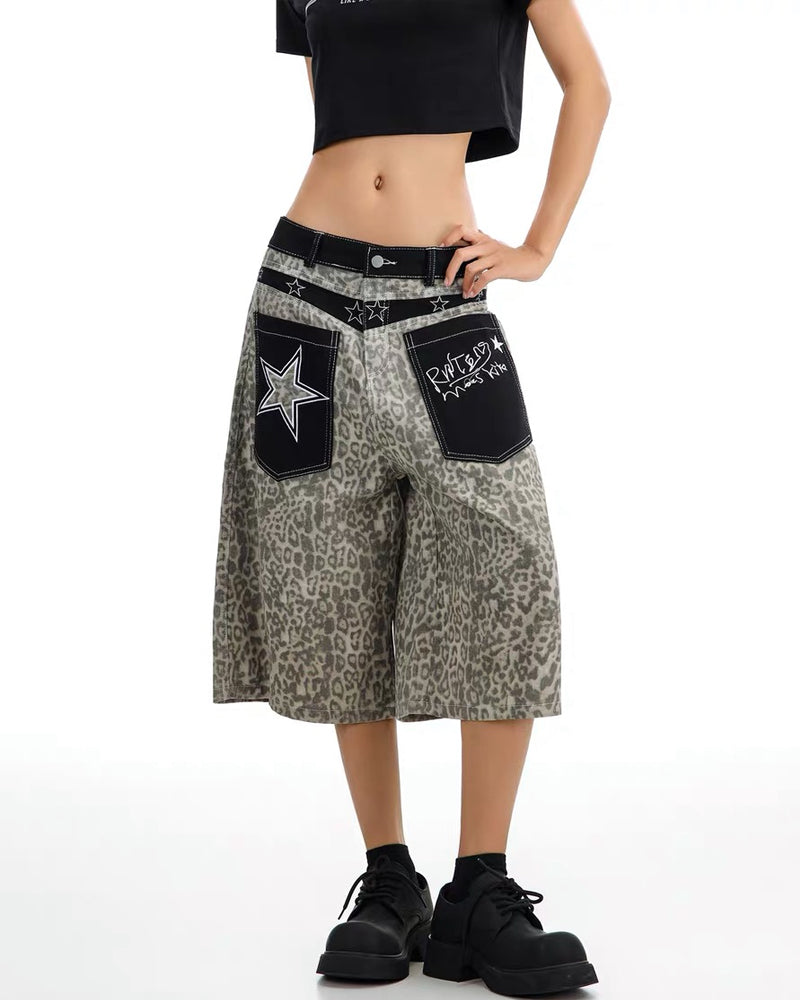Unisex Vintage Distressed Leopard Baggy Jorts