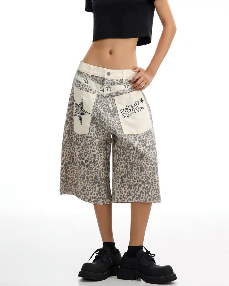 Unisex Vintage Distressed Leopard Baggy Jorts