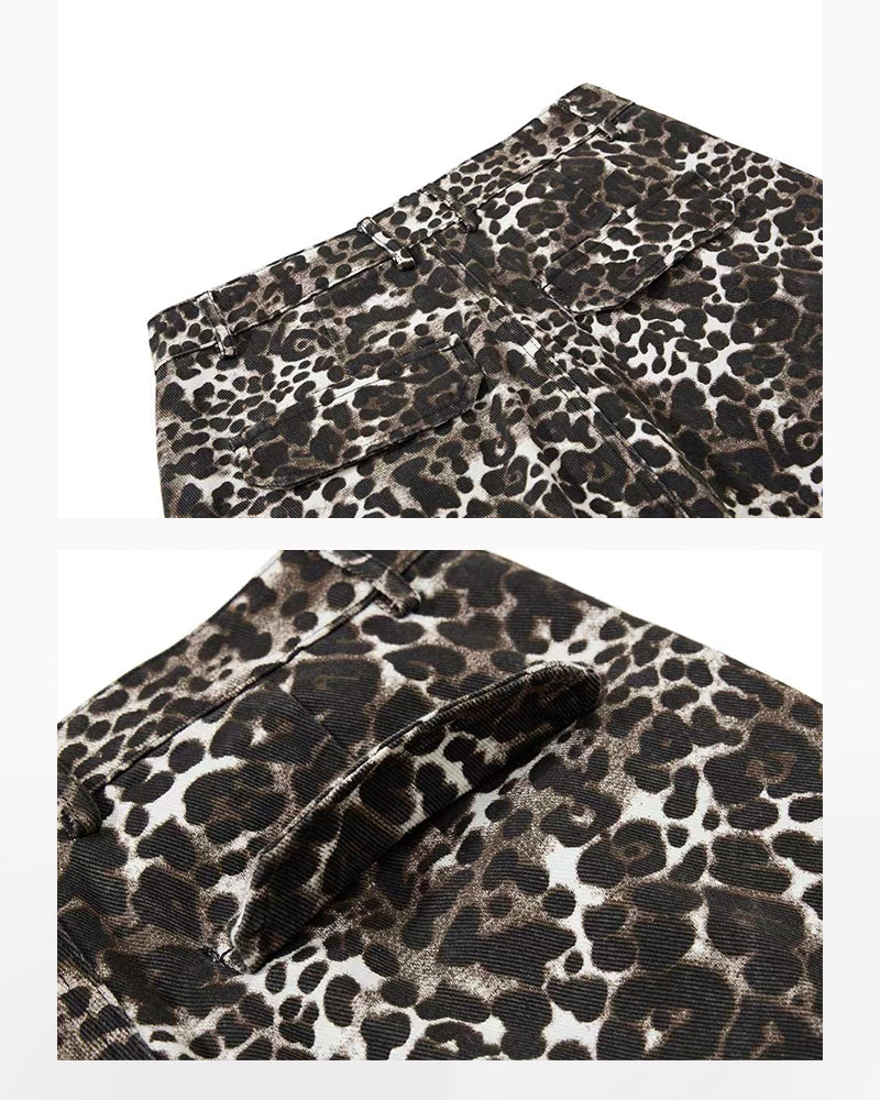 Multi-Pocket Baggy Unisex Leopard Cargo Jeans