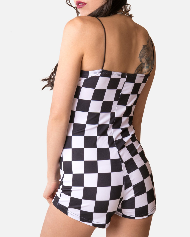 Techwear Buckle Belt Checkered Shorts Bodysuit