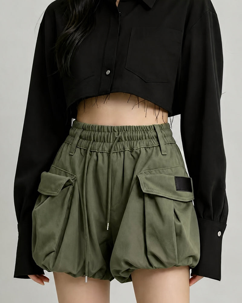 Summer Paperbag Waist Bubble Cargo Shorts
