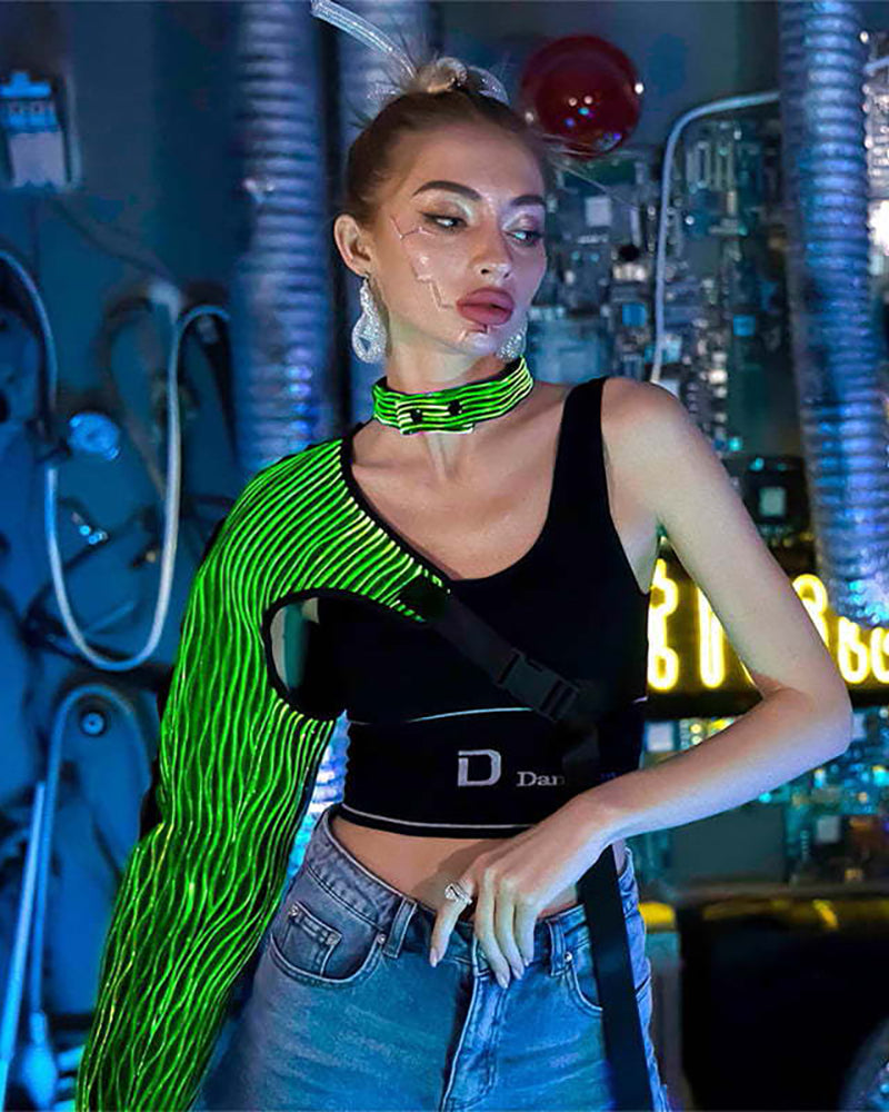 Cyberpunk Rave Clothing Luminous One Shoulder Sleeve Top