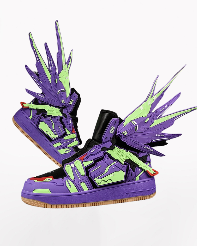Cyberpunk Mecha Wings Sneakers, Blue Purple Red, Frosted Leather, Size 36 Cyberpunk Mecha Wings Sneakers, Blue Purple Red, Frosted Leather, Size 36