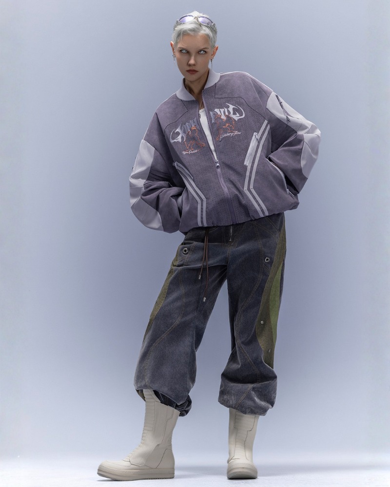 XIPHEVIL Cyberpunk Outfits Embroidered Suede Cropped Jacket