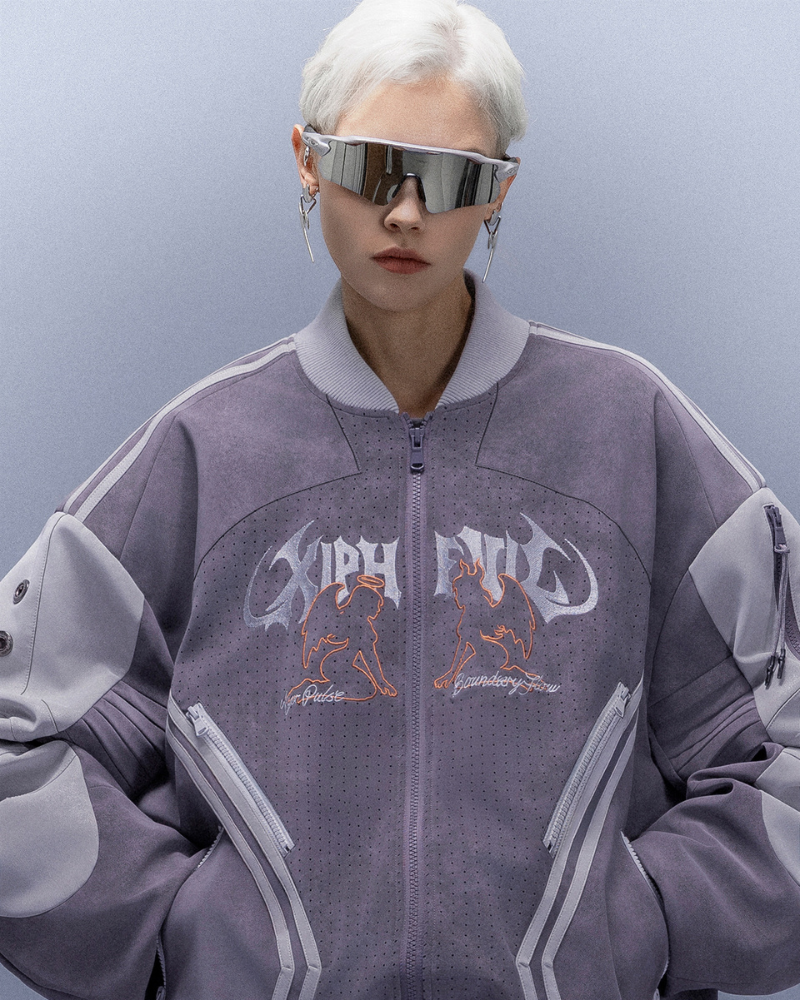 XIPHEVIL Cyberpunk Outfits Embroidered Suede Cropped Jacket