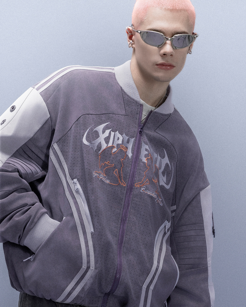 XIPHEVIL Cyberpunk Outfits Embroidered Suede Cropped Jacket