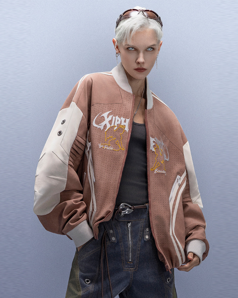 XIPHEVIL Cyberpunk Outfits Embroidered Suede Cropped Jacket