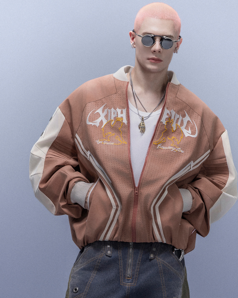 XIPHEVIL Cyberpunk Outfits Embroidered Suede Cropped Jacket
