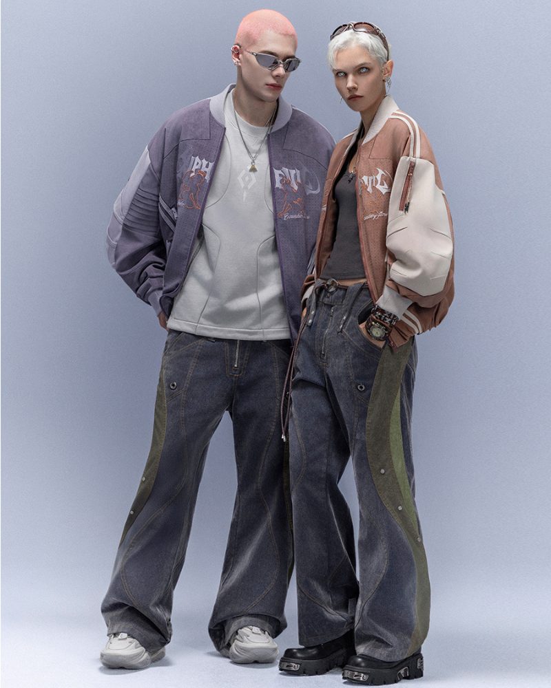 XIPHEVIL Cyberpunk Outfits Embroidered Suede Cropped Jacket