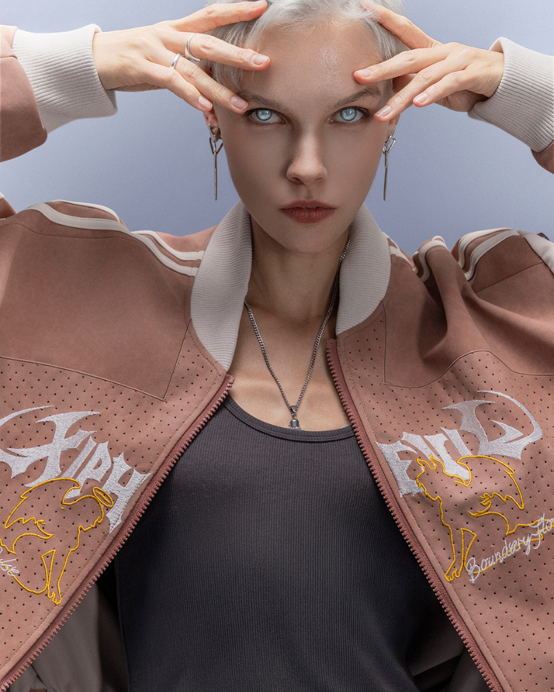 XIPHEVIL Cyberpunk Outfits Embroidered Suede Cropped Jacket