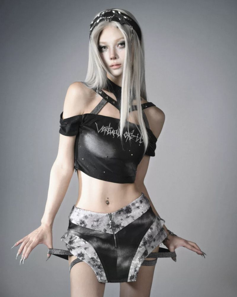 Cyberpunk Elf Futuristic Sequined Top & Mini Skirt (Sold Separately)