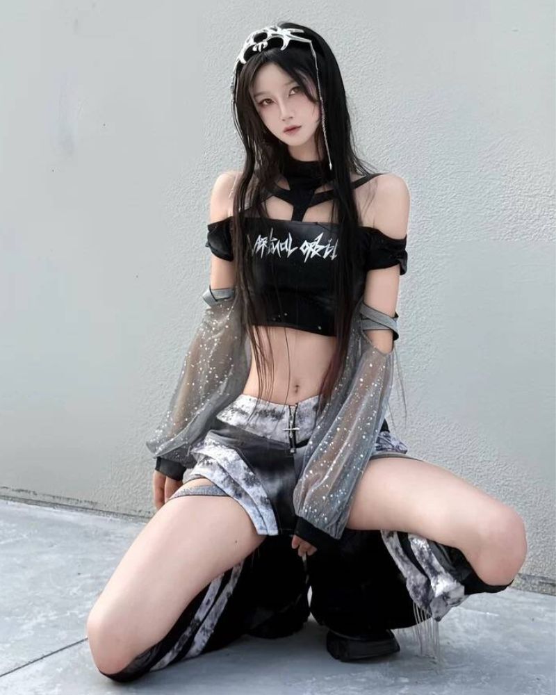 Cyberpunk Elf Futuristic Sequined Top & Mini Skirt (Sold Separately)