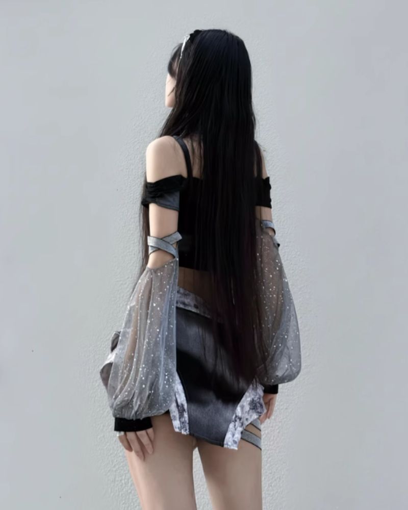 Cyberpunk Elf Futuristic Sequined Top & Mini Skirt (Sold Separately)