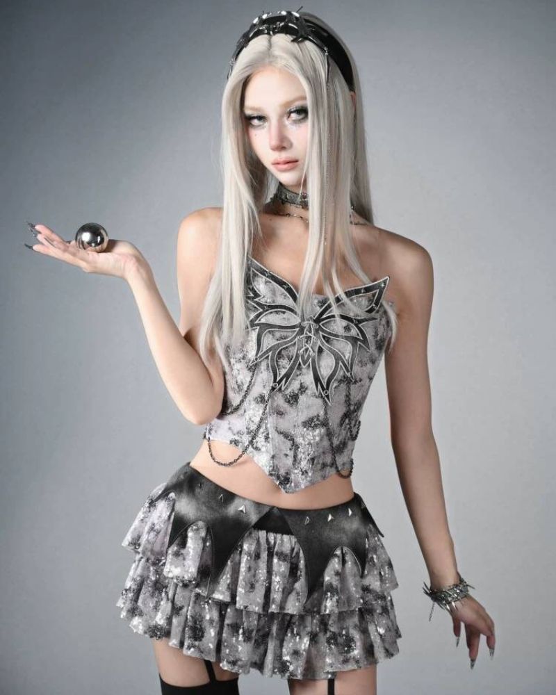 Cyberpunk Elf Futuristic Sequined Top & Mini Skirt (Sold Separately)