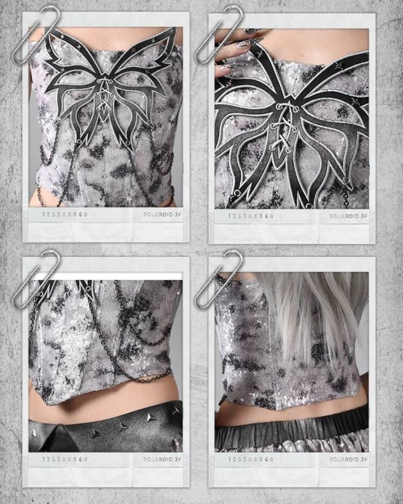 Cyberpunk Elf Futuristic Sequined Top & Mini Skirt (Sold Separately)