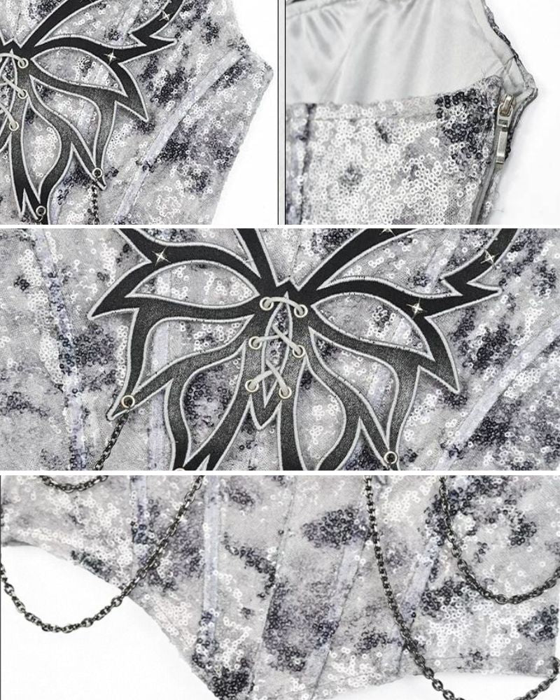 Cyberpunk Elf Futuristic Sequined Top & Mini Skirt (Sold Separately)