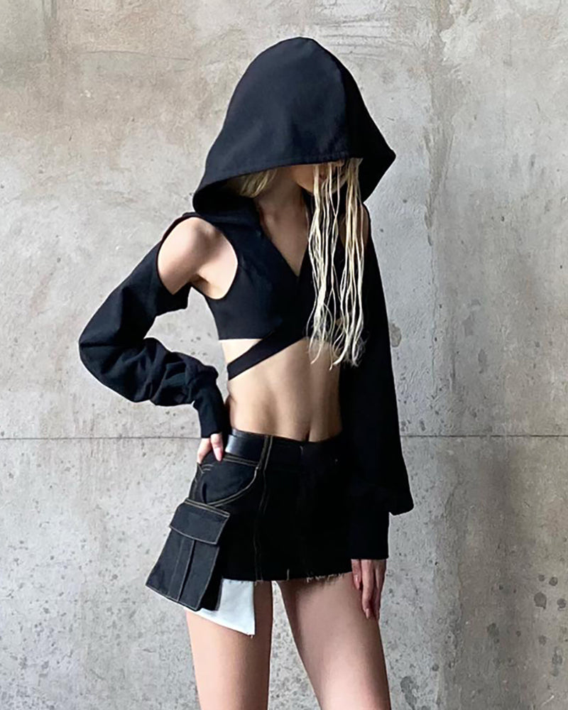 Darkwear Cross Tie Hood Blouse Crop Top