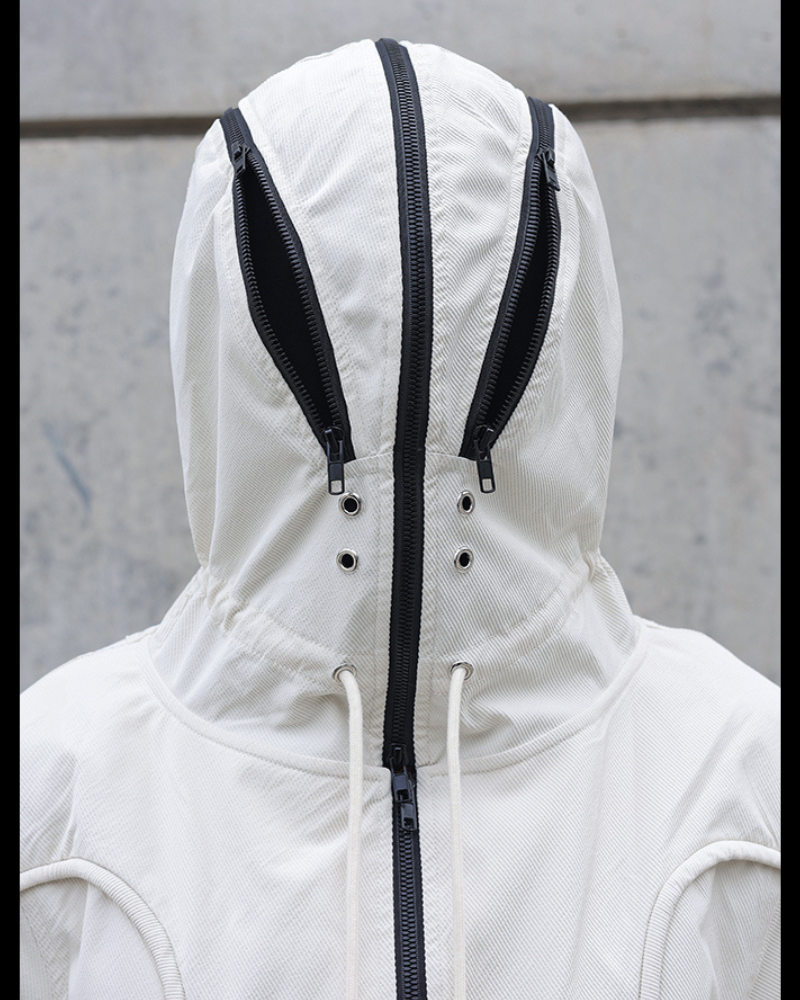Street Drawstring Pleated Balaclava Hooded Trench Coat