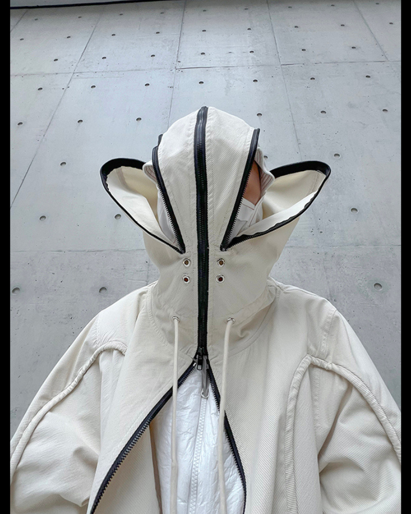 Street Drawstring Pleated Balaclava Hooded Trench Coat