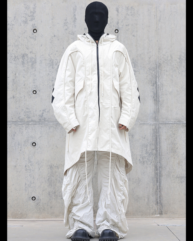 Street Drawstring Pleated Balaclava Hooded Trench Coat