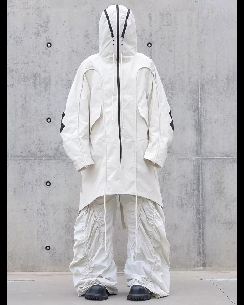 Street Drawstring Pleated Balaclava Hooded Trench Coat