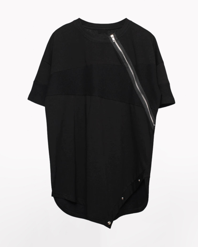 Functional Irregular Stitching Zipper Triangle Hem T-Shirt