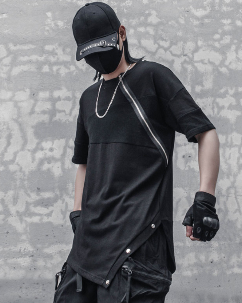 Functional Irregular Stitching Zipper Triangle Hem T-Shirt