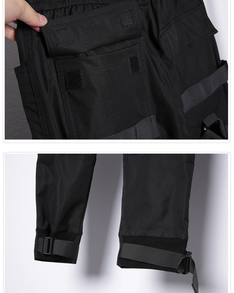 Functional Multi-Ribbon Buckle Black Cargo Pants
