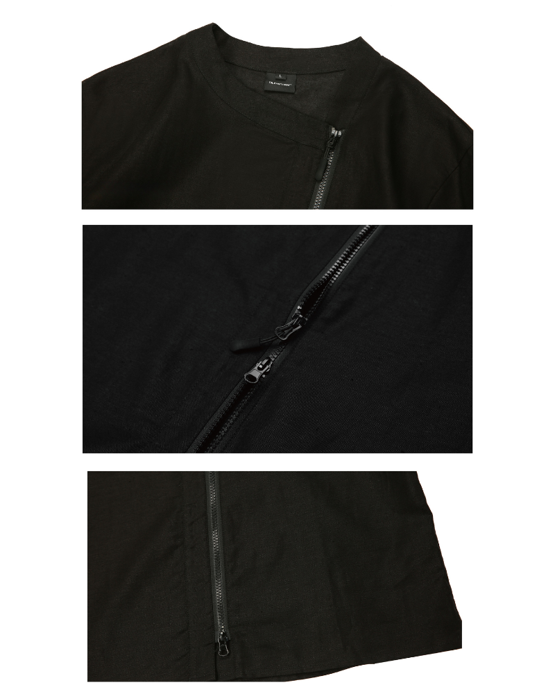 Functional Slanted Zipper Cotton Linen T-Shirt