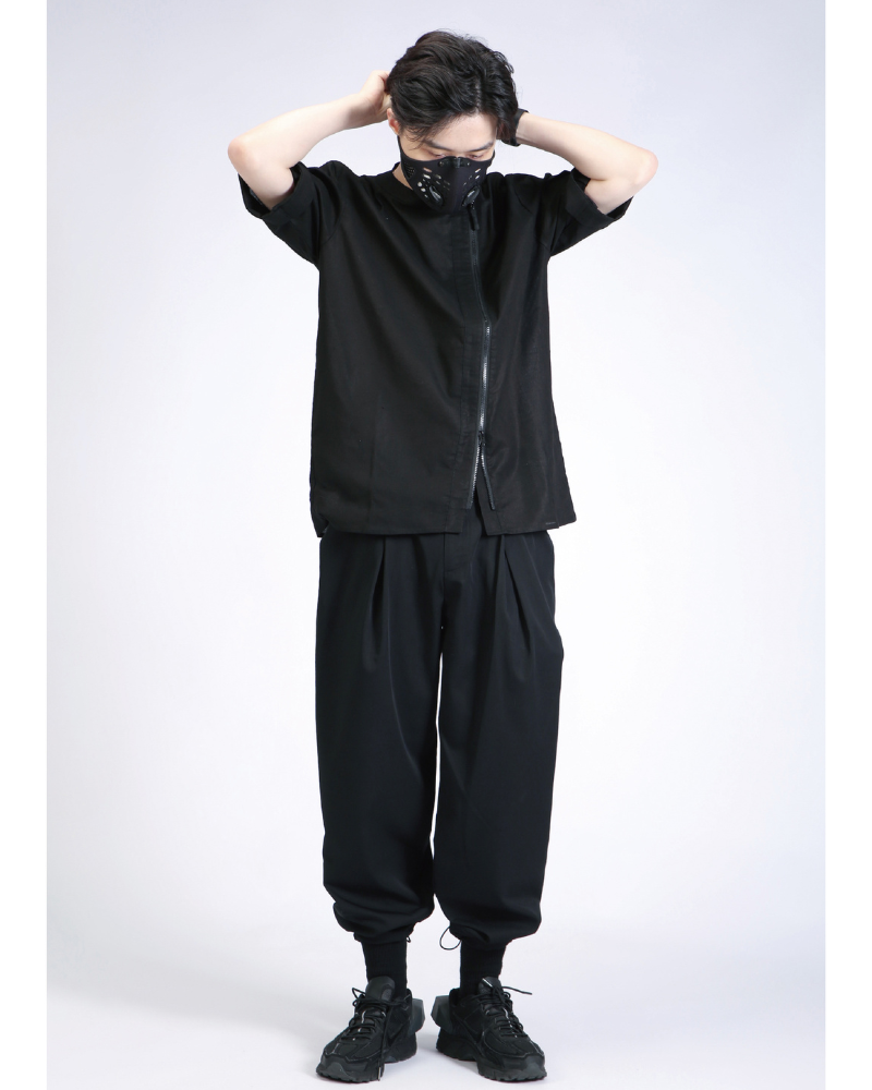 Functional Slanted Zipper Cotton Linen T-Shirt