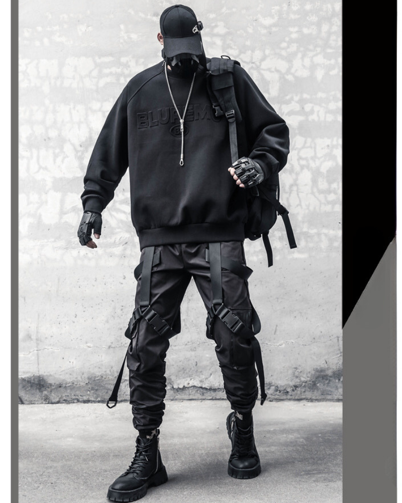 Functional Multi-Ribbon Buckle Black Cargo Pants