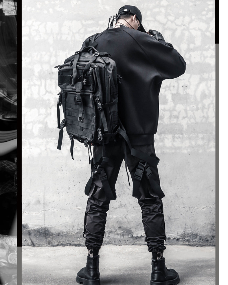 Functional Multi-Ribbon Buckle Black Cargo Pants