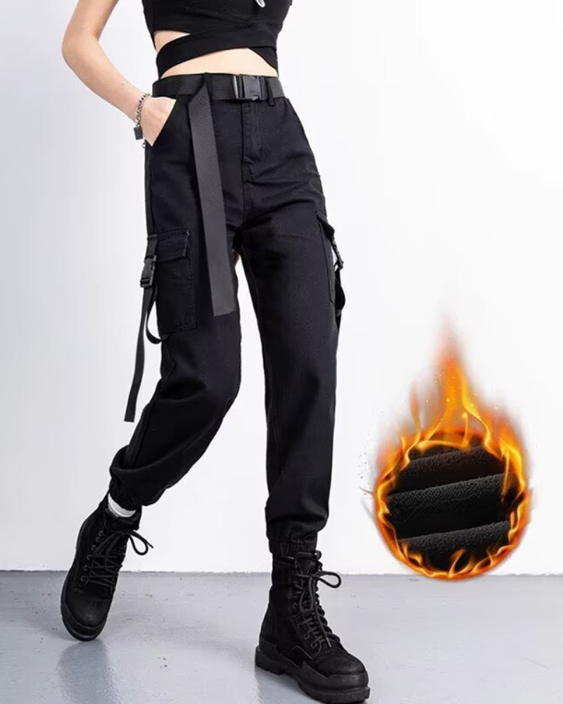 Futuristic Belt Black Women Cargo Pants